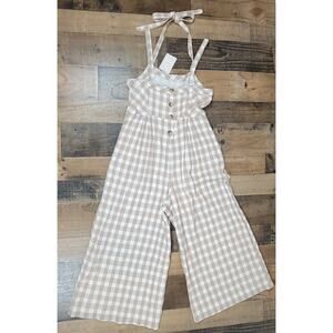 NWT Free People‎ Seersucker Plaid Neutral Gingham Wide Leg Jumpsuit Womens 8